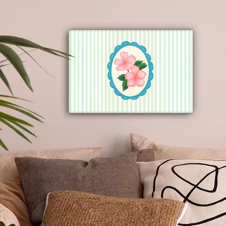 Bloemen - Ovaal - Strepen - Groen canvas 2cm klein -sfeer1