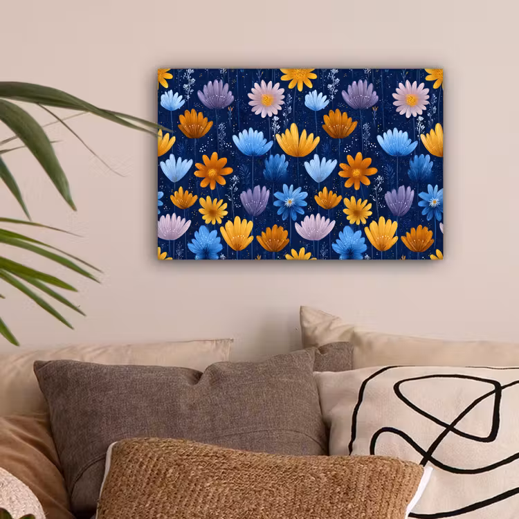 Bloemen - Patroon - Blauw - Contrast canvas 2cm klein -sfeer1