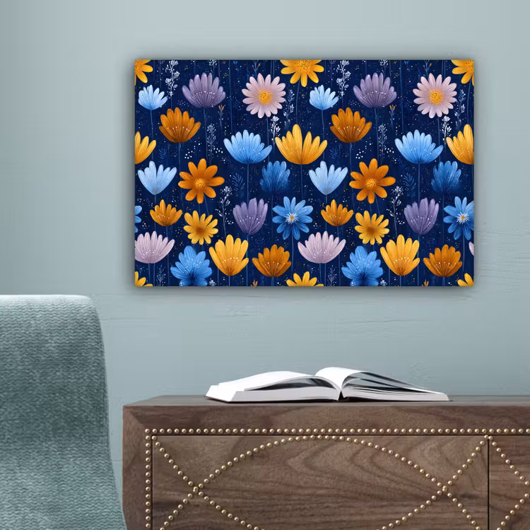 Bloemen - Patroon - Blauw - Contrast canvas 2cm klein -sfeer4