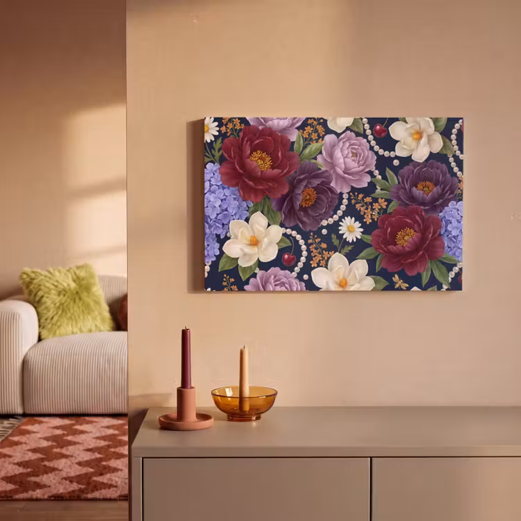 Bloemen - Parels - Decoratie - Modern - Blauw canvas 2cm klein -sfeer1