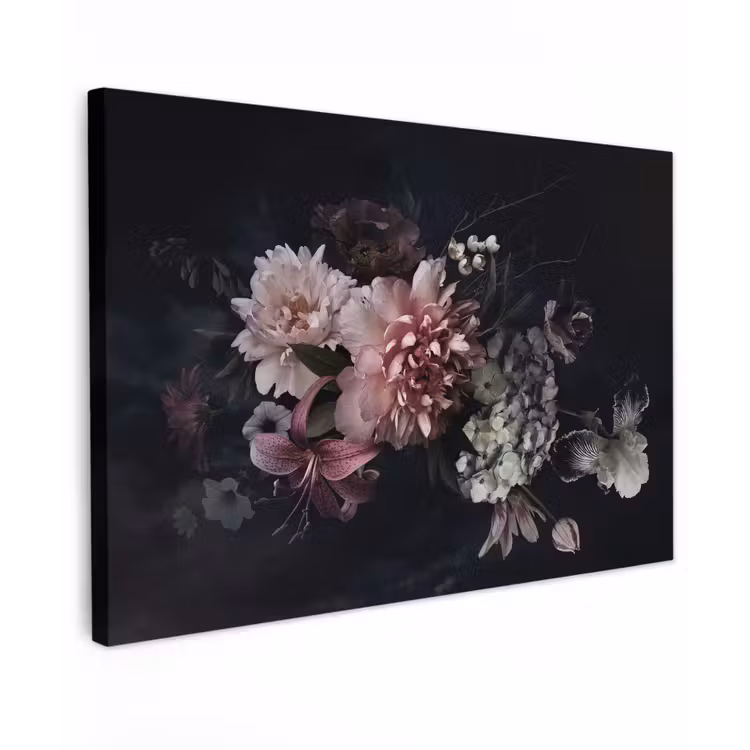 Bloemen - Vintage - Pastel - Zwart - Boeket canvas 2cm klein -z3d