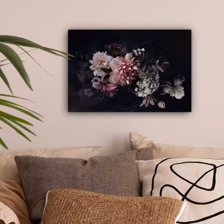 Bloemen - Vintage - Pastel - Zwart - Boeket canvas 2cm klein -sfeer1