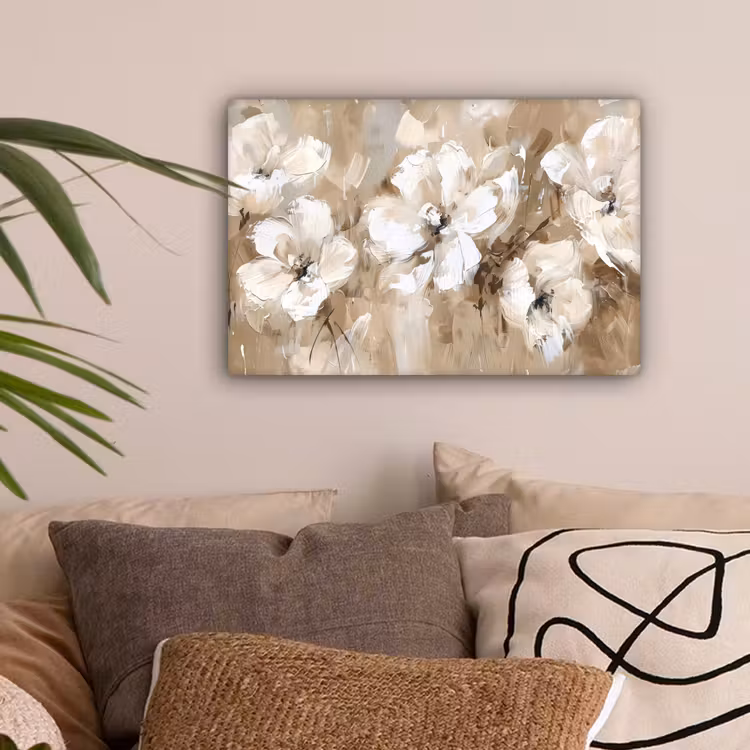Bloemen - Waterverf - Beige - Kunst canvas 2cm klein -sfeer1
