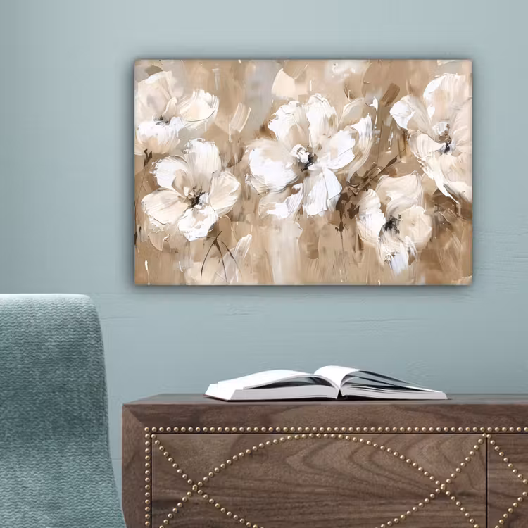 Bloemen - Waterverf - Beige - Kunst canvas 2cm klein -sfeer4