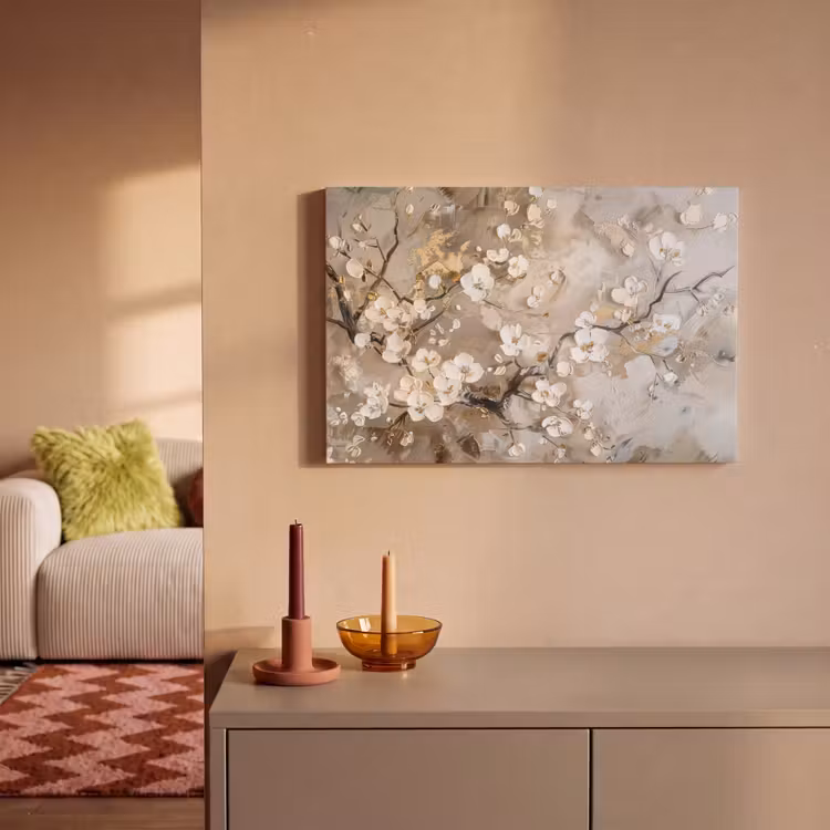Bloemen - Wit - Goud - Beige - Luxe canvas 2cm klein -sfeer1