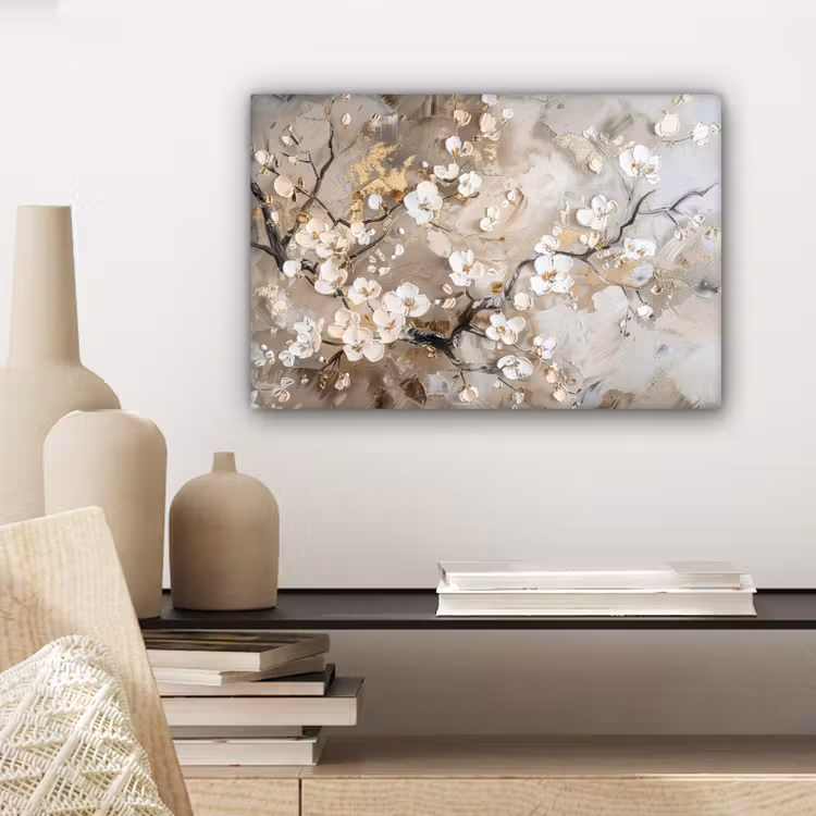 Bloemen - Wit - Goud - Beige - Luxe canvas 2cm klein -sfeer6