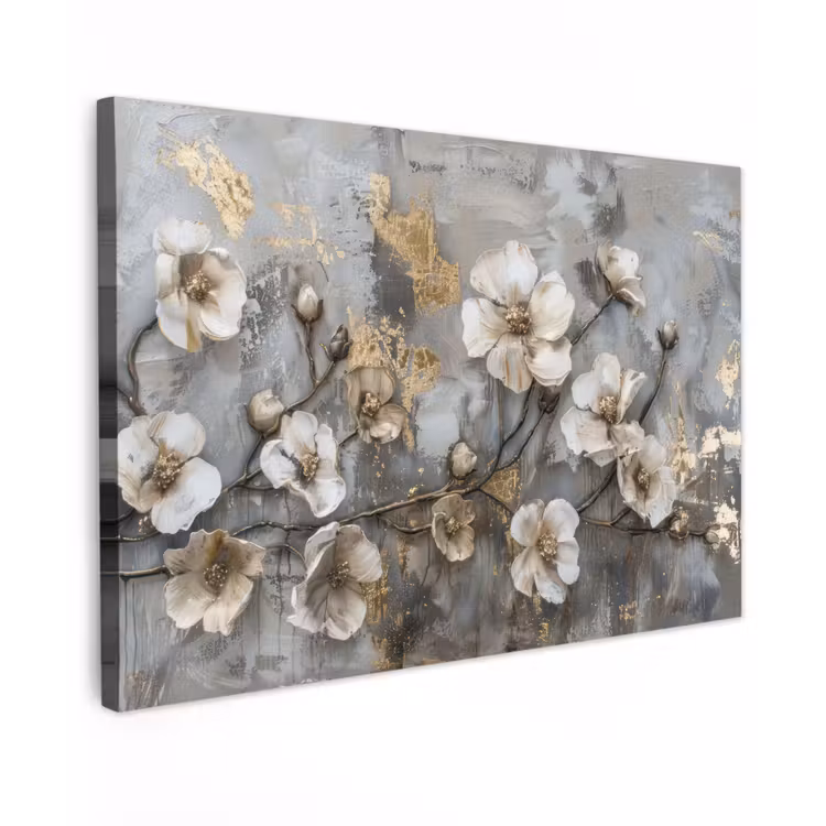 Bloemen - Wit - Grijs - Goud - Luxe canvas 2cm klein -z3d