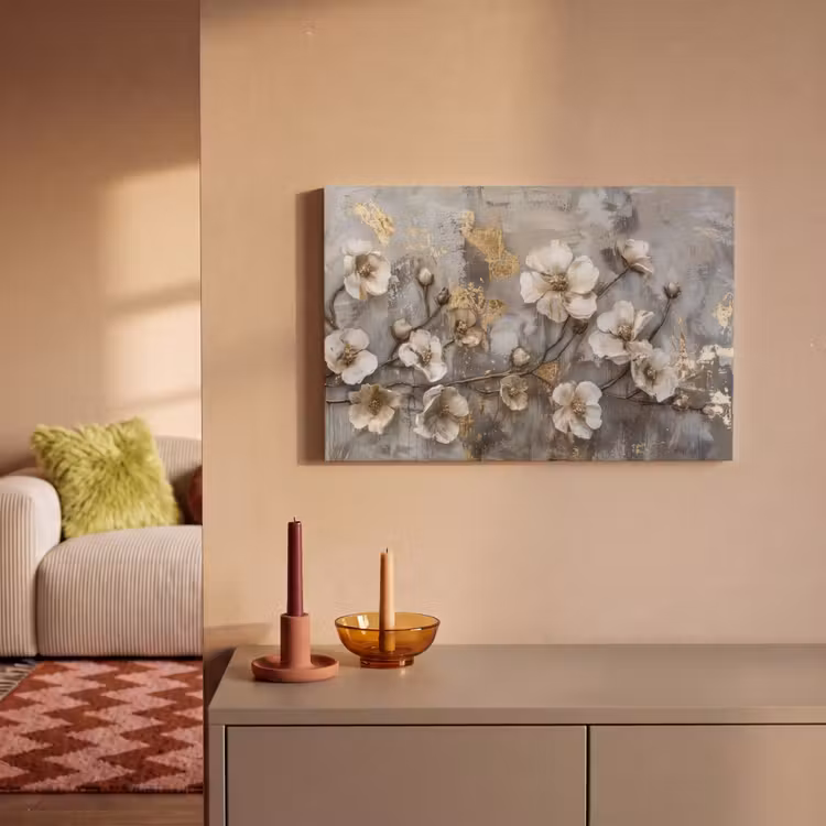 Bloemen - Wit - Grijs - Goud - Luxe canvas 2cm klein -sfeer1