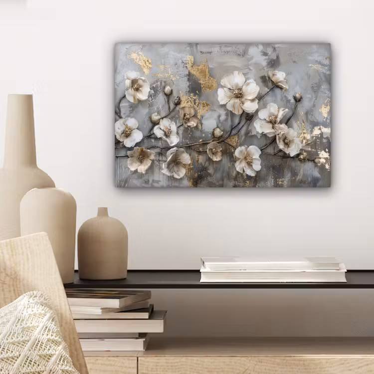 Bloemen - Wit - Grijs - Goud - Luxe canvas 2cm klein -sfeer6