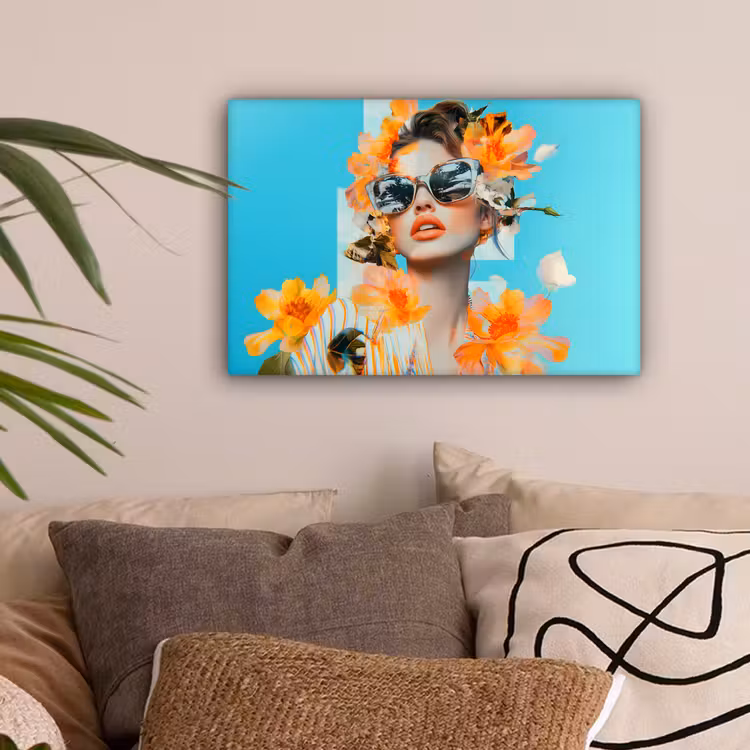 Bloemen - Vrouw - Zonnebril - Blauw canvas 2cm klein -sfeer1