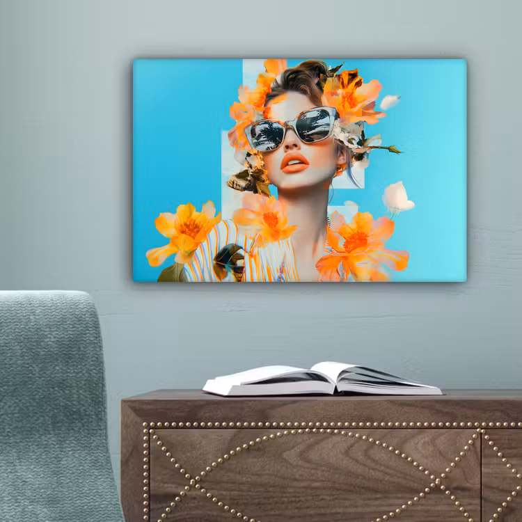Bloemen - Vrouw - Zonnebril - Blauw canvas 2cm klein -sfeer4
