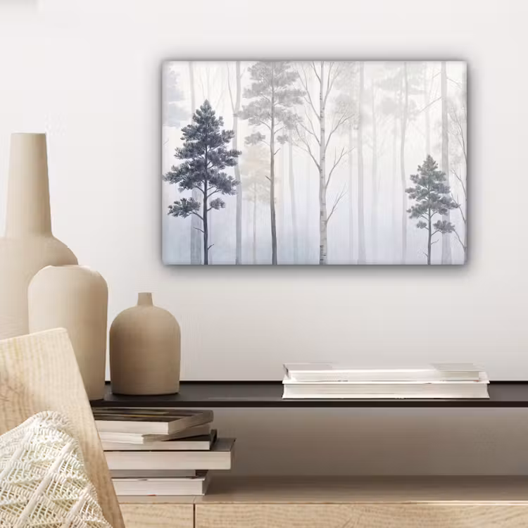 Bos - Bomen - Mist - Natuur - Illustratie - Grijs canvas 2cm klein -sfeer6