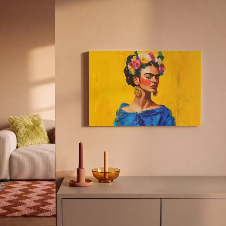 Frida Kahlo - Vrouw - Geel - Blauw - Bloemen canvas 2cm klein -sfeer1