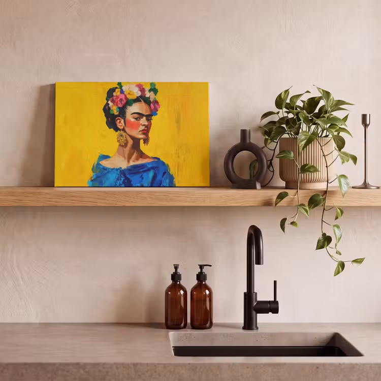 Frida Kahlo - Vrouw - Geel - Blauw - Bloemen canvas 2cm klein -sfeer3