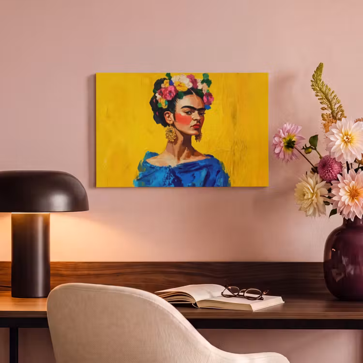 Frida Kahlo - Vrouw - Geel - Blauw - Bloemen canvas 2cm klein -sfeer4