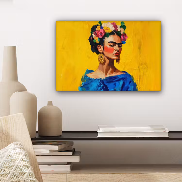 Frida Kahlo - Vrouw - Geel - Blauw - Bloemen canvas 2cm klein -sfeer6