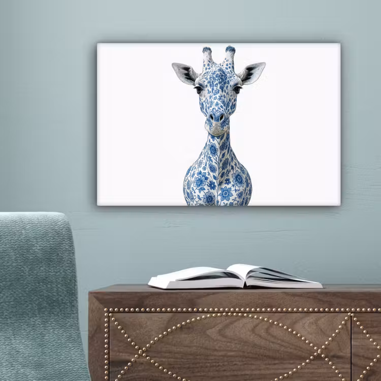 Giraffe - Delfts blauw - Dieren - Minimalistisch canvas 2cm klein -sfeer4