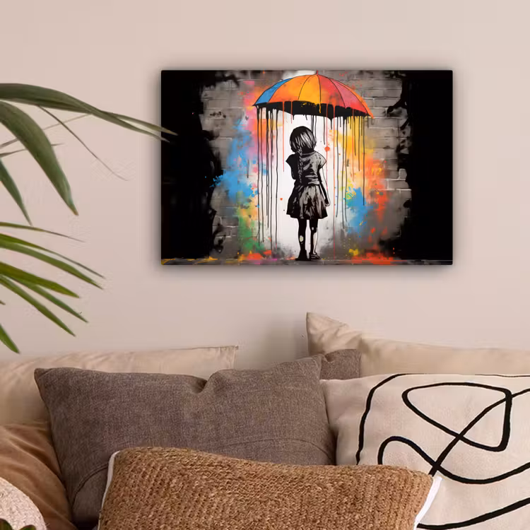 Meisje - Kunst - Paraplu - Graffiti - Kleuren - Muur canvas 2cm klein -sfeer1