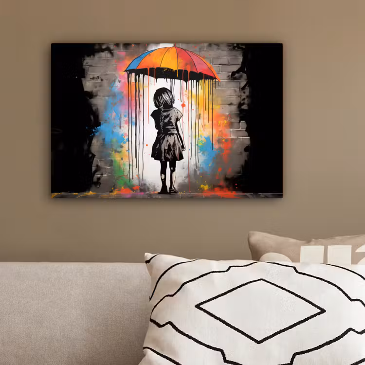 Meisje - Kunst - Paraplu - Graffiti - Kleuren - Muur canvas 2cm klein -sfeer3