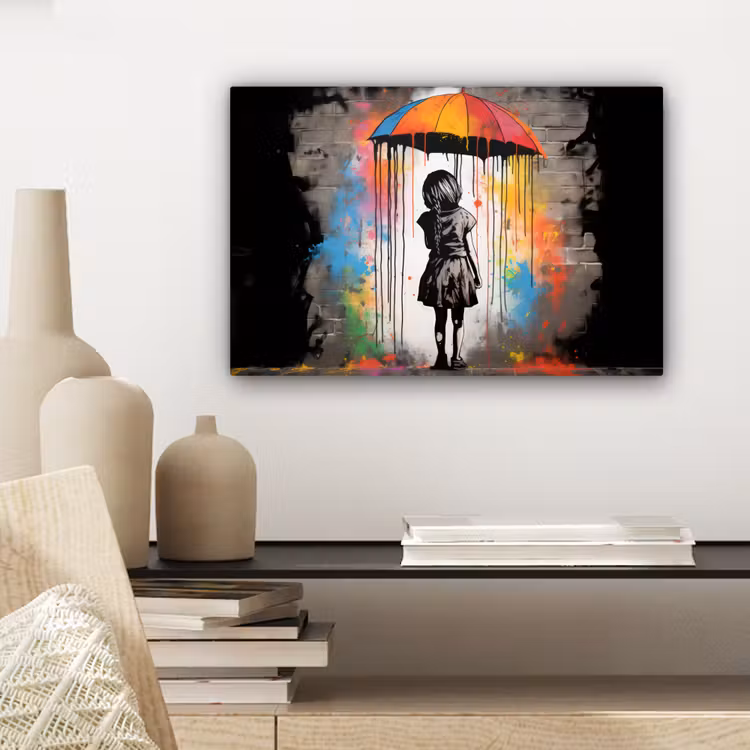 Meisje - Kunst - Paraplu - Graffiti - Kleuren - Muur canvas 2cm klein -sfeer6