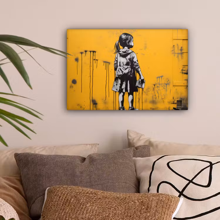 Meisje - Boek - Gele Muur - Graffiti canvas 2cm klein -sfeer1