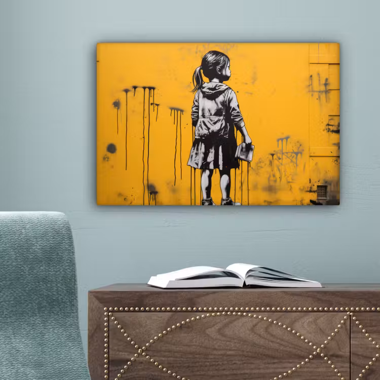 Meisje - Boek - Gele Muur - Graffiti canvas 2cm klein -sfeer4