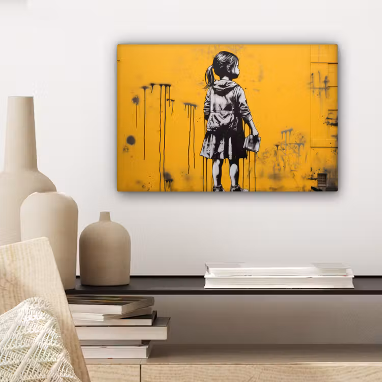 Meisje - Boek - Gele Muur - Graffiti canvas 2cm klein -sfeer6