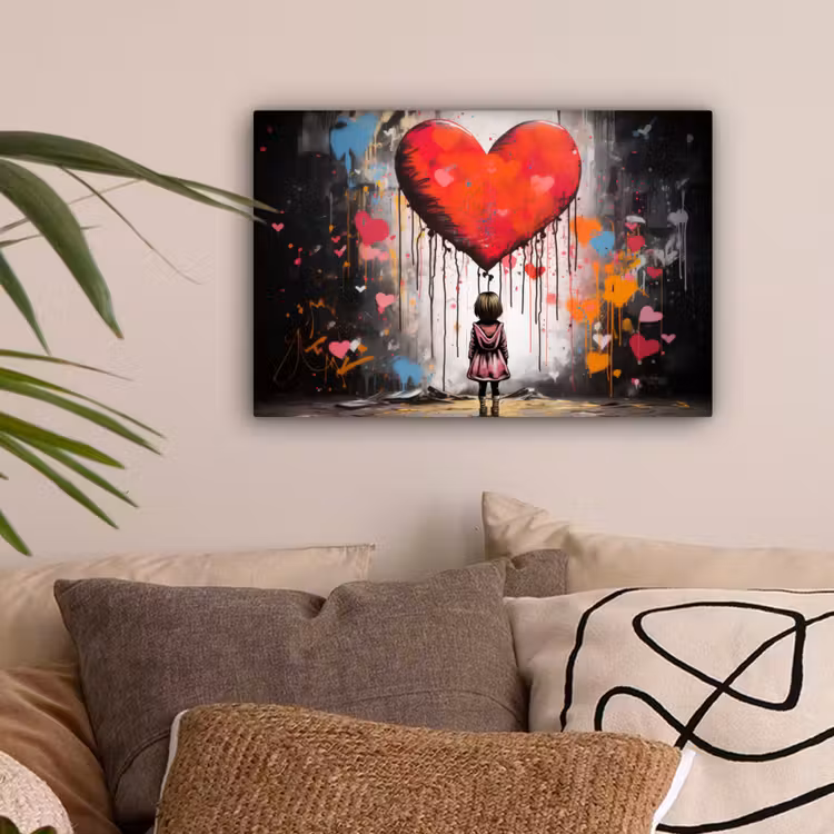Meisje - Hart - Graffiti - Kunst - Kleuren - Rood canvas 2cm klein -sfeer1