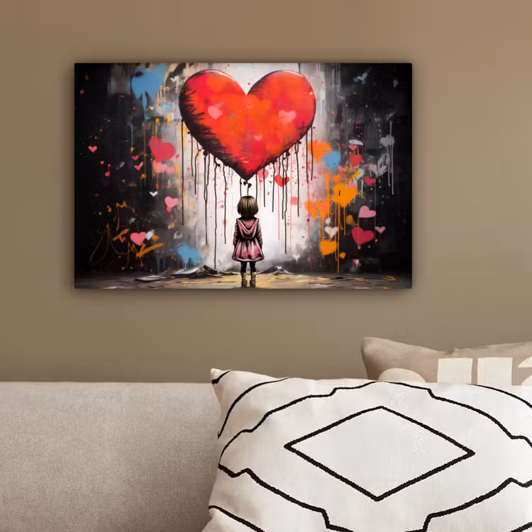 Meisje - Hart - Graffiti - Kunst - Kleuren - Rood canvas 2cm klein -sfeer3