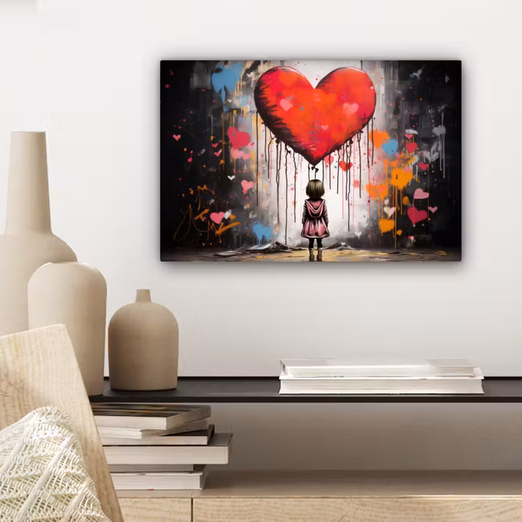 Meisje - Hart - Graffiti - Kunst - Kleuren - Rood canvas 2cm klein -sfeer6