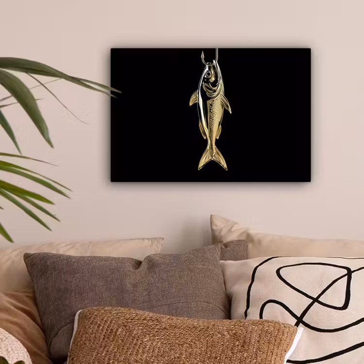 Goud - Vis - Haak - Zwart canvas 2cm klein -sfeer1