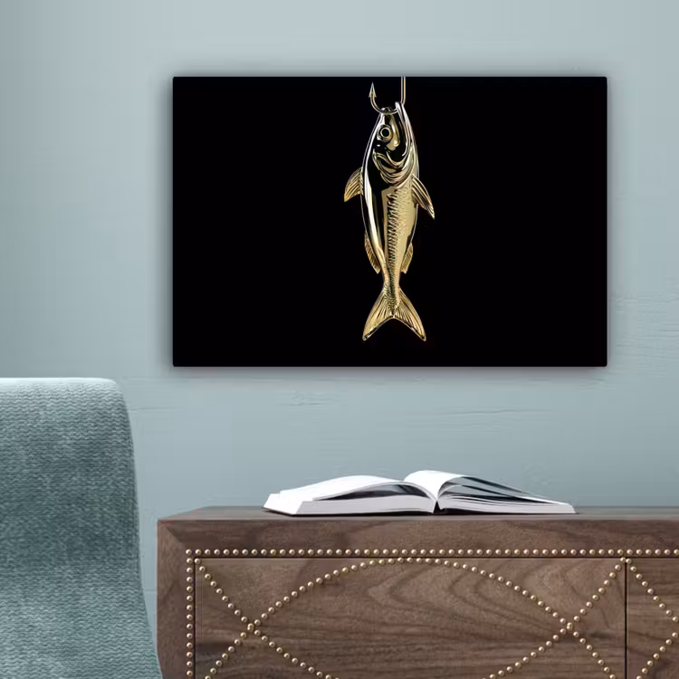 Goud - Vis - Haak - Zwart canvas 2cm klein -sfeer4