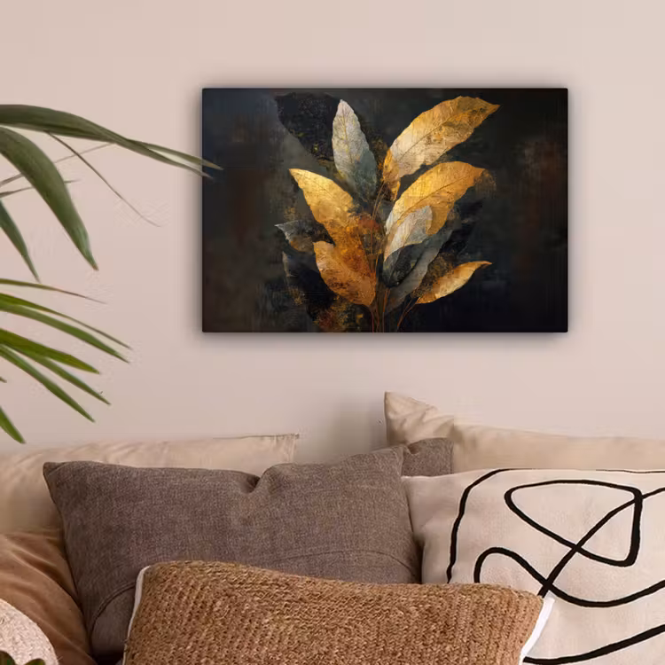 Gouden Bladcompositie – Botanische Luxe canvas 2cm klein -sfeer1
