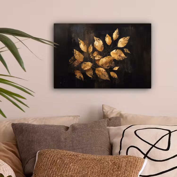 Gouden Bladeren op Donkere Achtergrond canvas 2cm klein -sfeer1