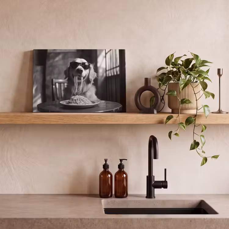 Golden Retriever - Hond - Vrolijk - Bord spaghetti - Zwart - wit canvas 2cm klein -sfeer3