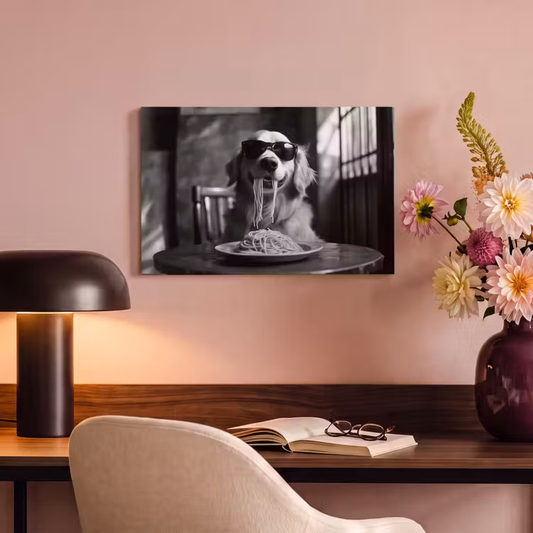 Golden Retriever - Hond - Vrolijk - Bord spaghetti - Zwart - wit canvas 2cm klein -sfeer4
