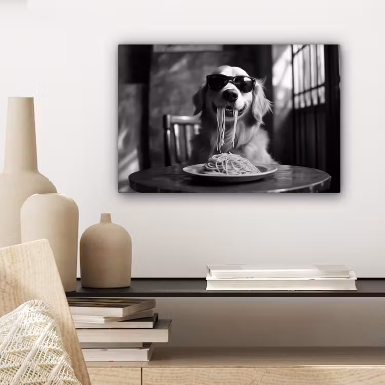 Golden Retriever - Hond - Vrolijk - Bord spaghetti - Zwart - wit canvas 2cm klein -sfeer6