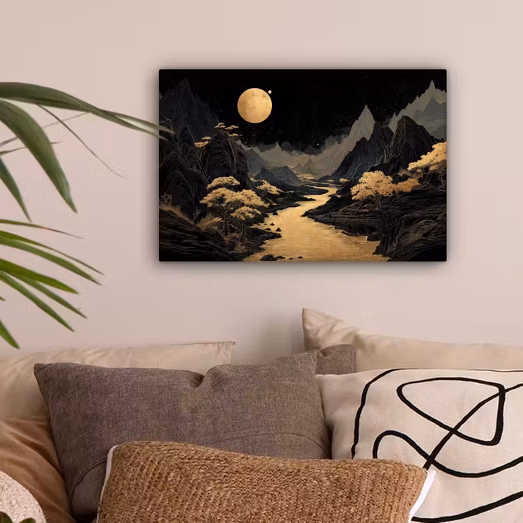 Gouden rivier - Bergen - Maan - Sterrenhemel canvas 2cm klein -sfeer1