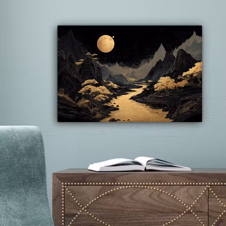 Gouden rivier - Bergen - Maan - Sterrenhemel canvas 2cm klein -sfeer4