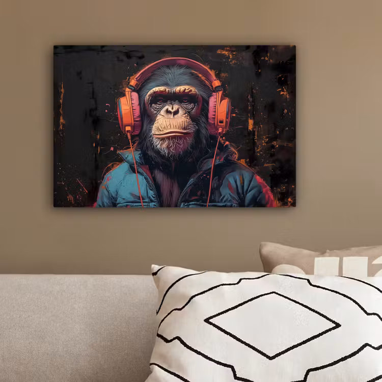 Graffiti - Chimpansee - Koptelefoon - Aap canvas 2cm klein -sfeer3