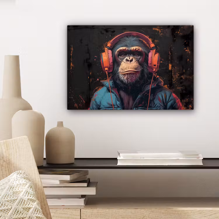 Graffiti - Chimpansee - Koptelefoon - Aap canvas 2cm klein -sfeer6