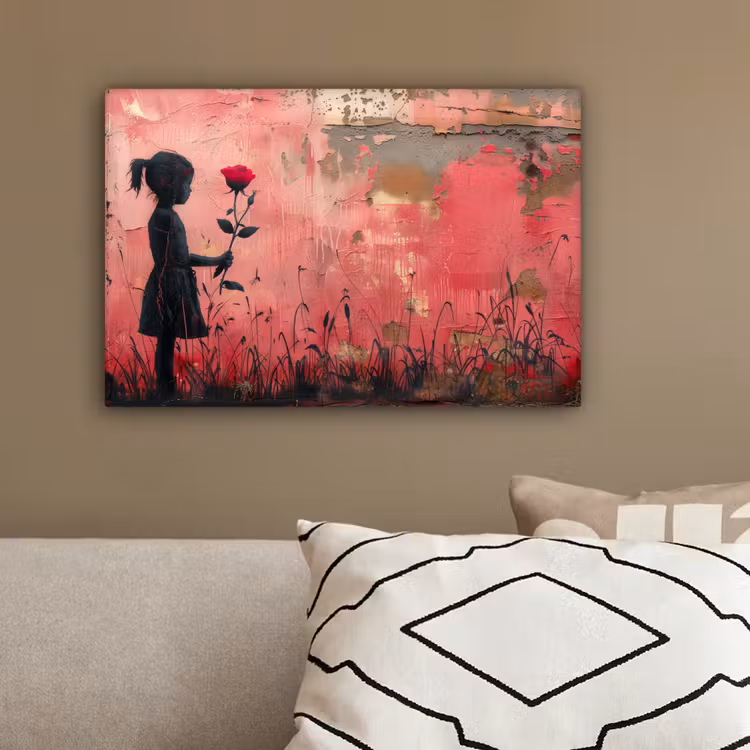 Graffiti - Meisje - Roze - Street art - Roos - Banksy canvas 2cm klein -sfeer3