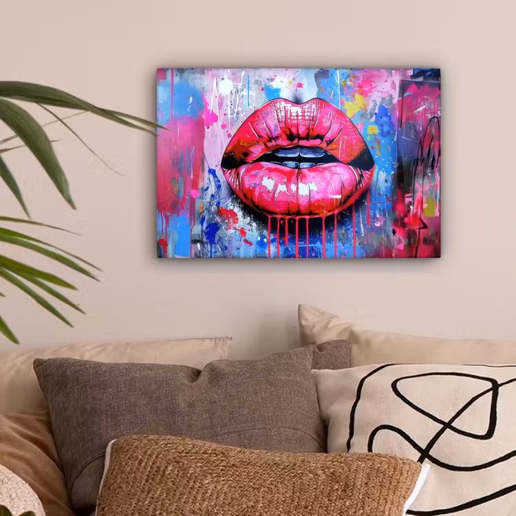 Graffiti - Lippen - Felroze - Geschilderd canvas 2cm klein -sfeer1