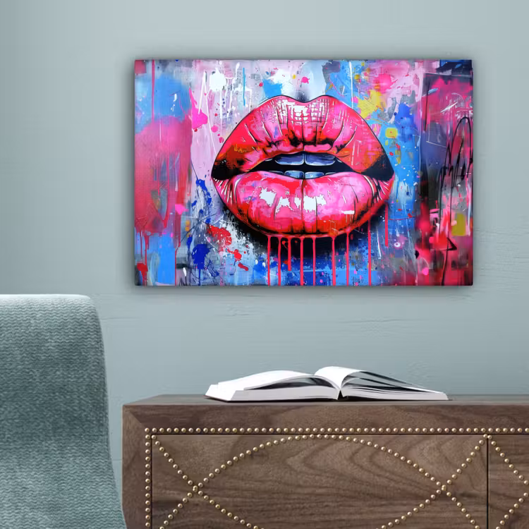 Graffiti - Lippen - Felroze - Geschilderd canvas 2cm klein -sfeer4
