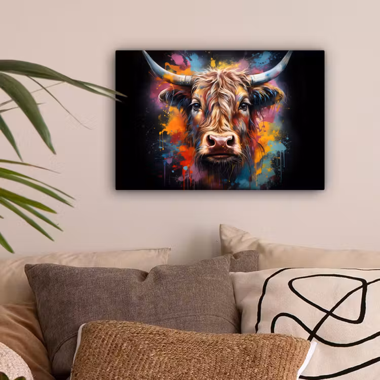 Graffiti - Schotse hooglander - Zwart - Koe canvas 2cm klein -sfeer1