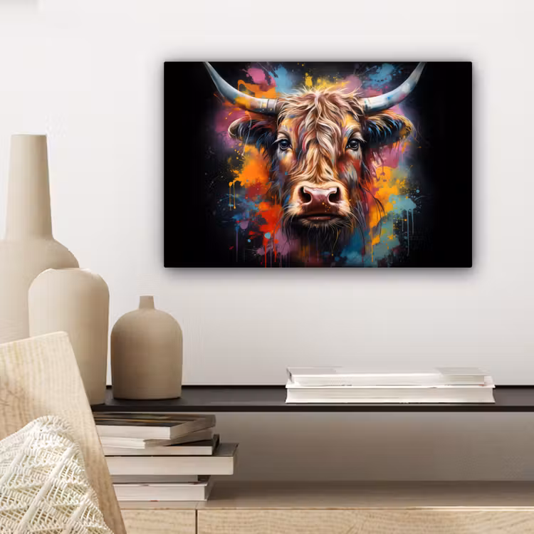 Graffiti - Schotse hooglander - Zwart - Koe canvas 2cm klein -sfeer6