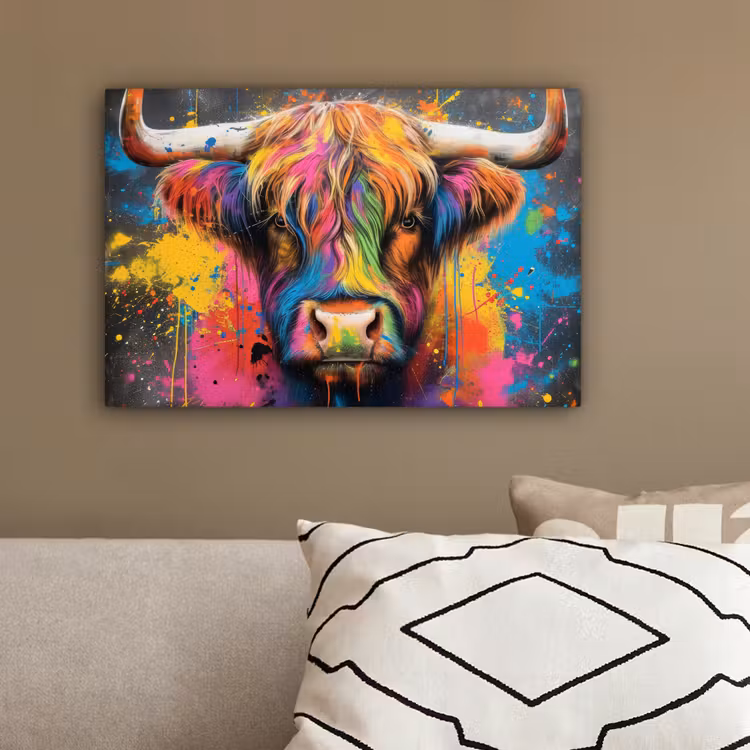 Graffiti - Schotse hooglander - Koe - Kleurrijk canvas 2cm klein -sfeer3
