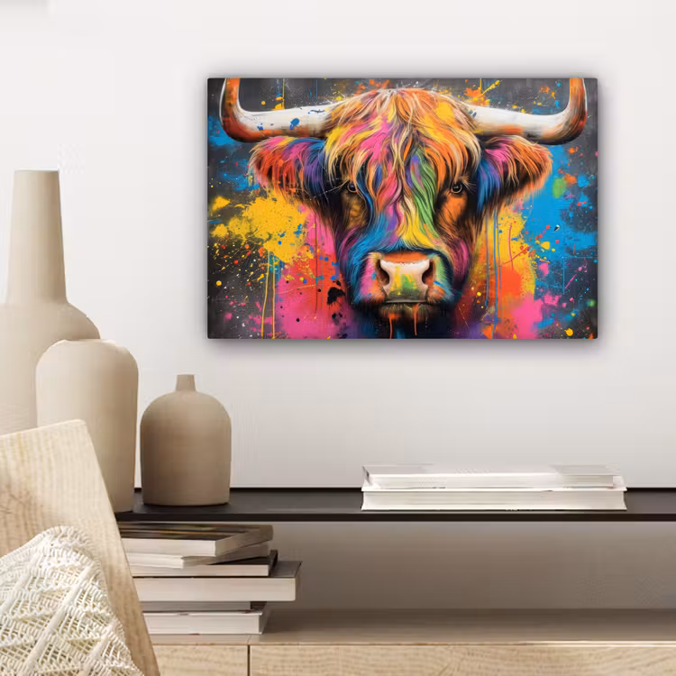 Graffiti - Schotse hooglander - Koe - Kleurrijk canvas 2cm klein -sfeer6