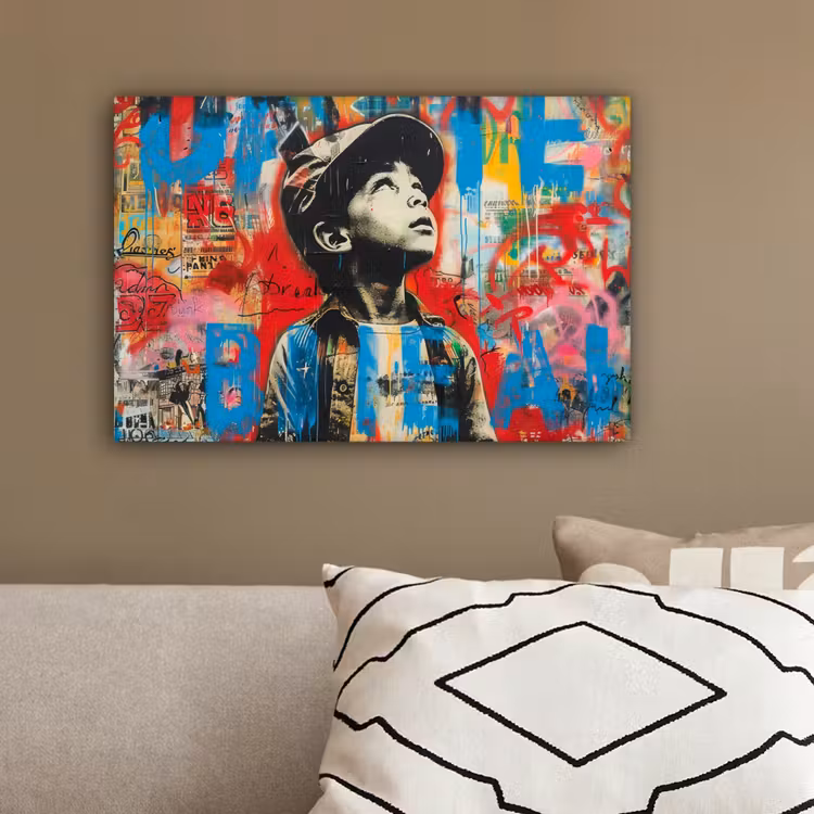 Graffiti - Vintage - Jongen - Street art - Neon - Banksy canvas 2cm klein -sfeer3
