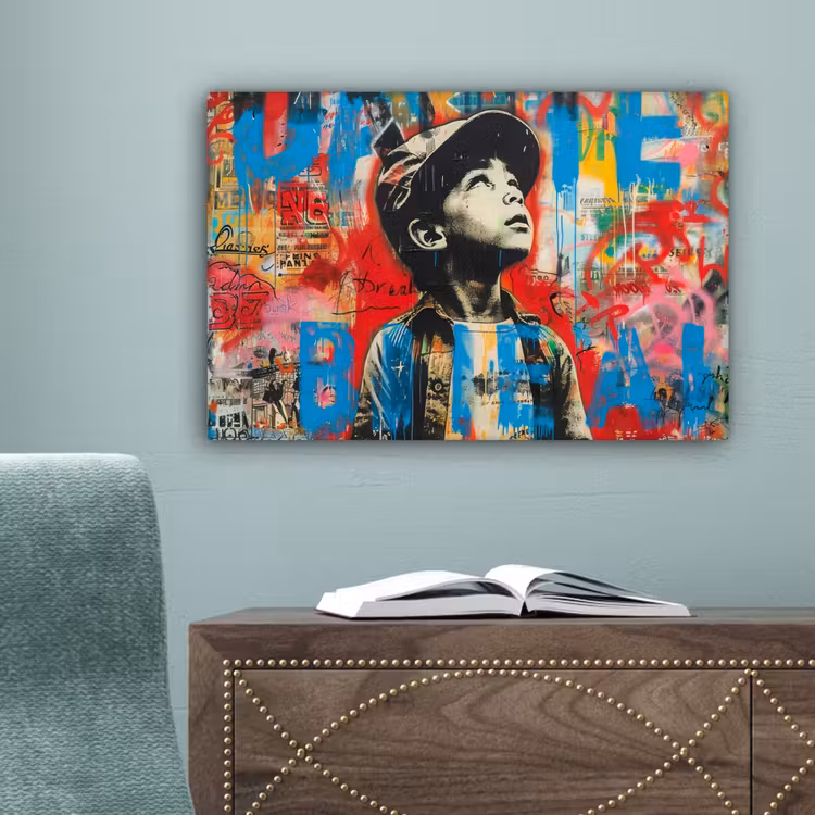 Graffiti - Vintage - Jongen - Street art - Neon - Banksy canvas 2cm klein -sfeer4